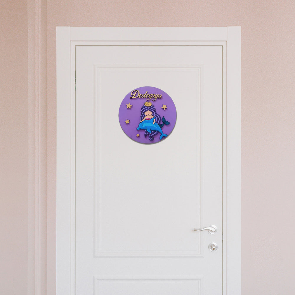 Mermaid Theme Kids Name Plate - Mounted on Door Front View