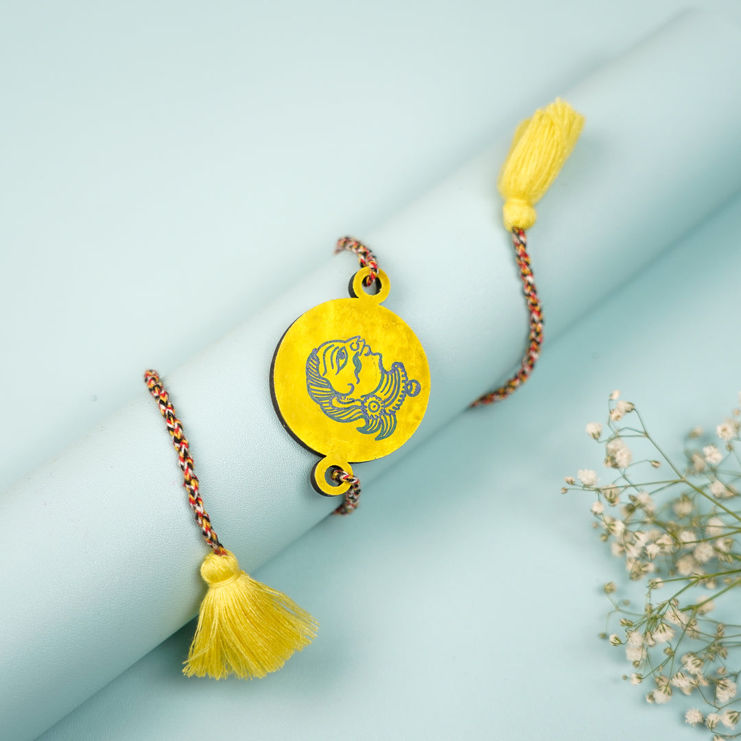 Hand Painted Pattachitra Raja Design Wooden Rakhi With Roli Chawal For Brother - Rolled Display with Tassels