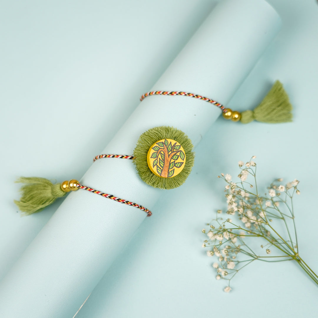 Hand Painted Madhubani Tree With Leaves Design Beads Wooden Rakhi With Roli Chawal For Brother - Wrapped on Decorative Roll
