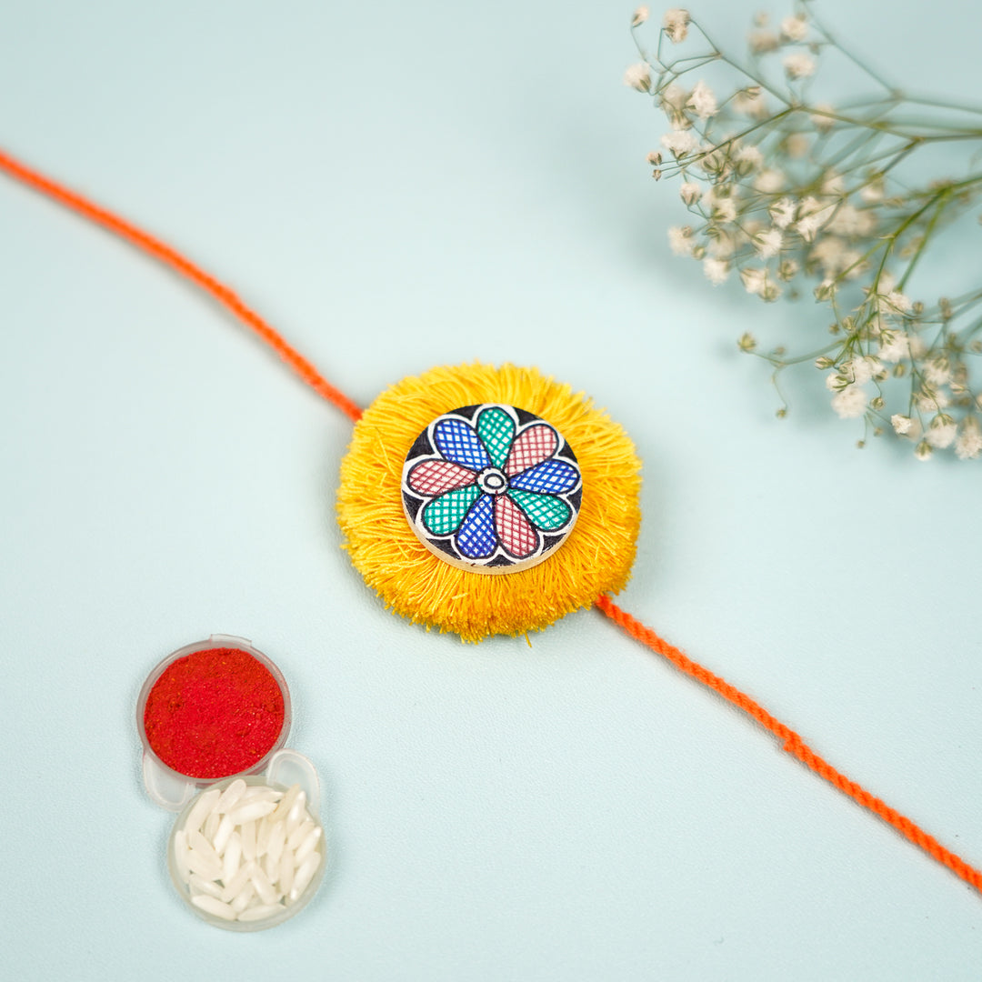 Hand Painted Madhubani Flower Design Wooden Rakhi With Roli Chawal For Brother - Front View with Accessories