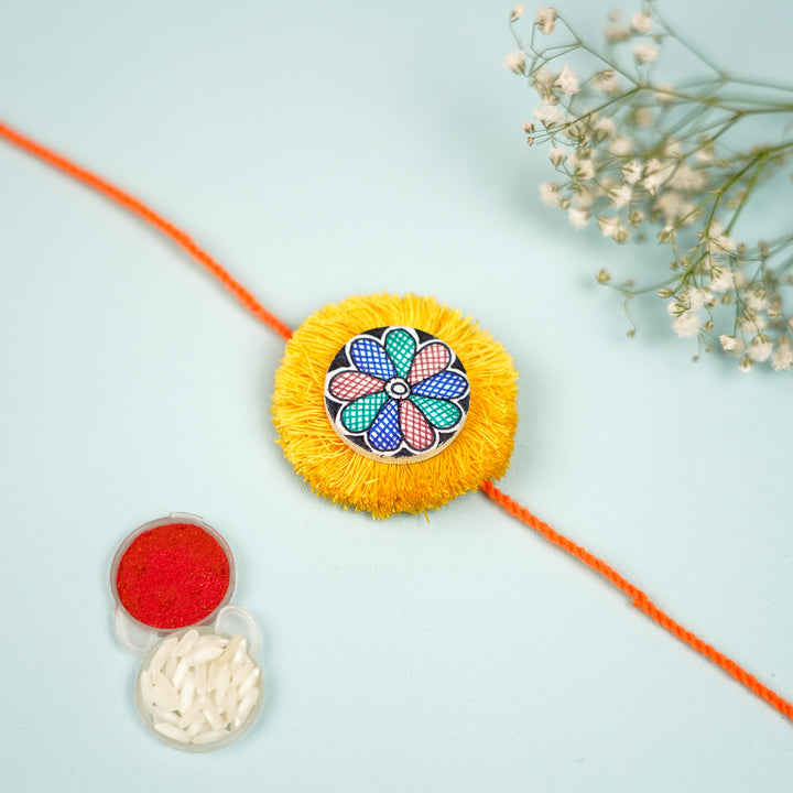 Hand Painted Madhubani Flower Design Wooden Rakhi With Roli Chawal For Brother - Front View with Accessories