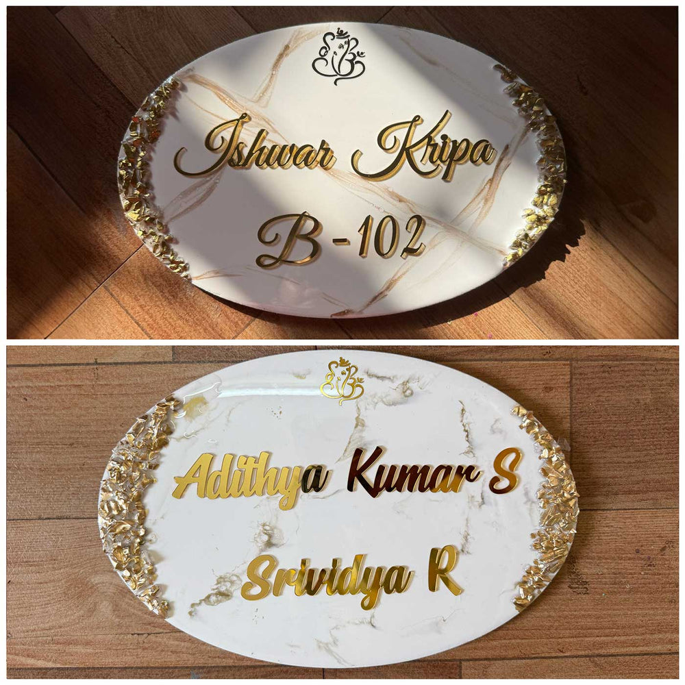 Handmade Resin White Gold Oval Marbled Name Plate - Top and Bottom Name Plate Views