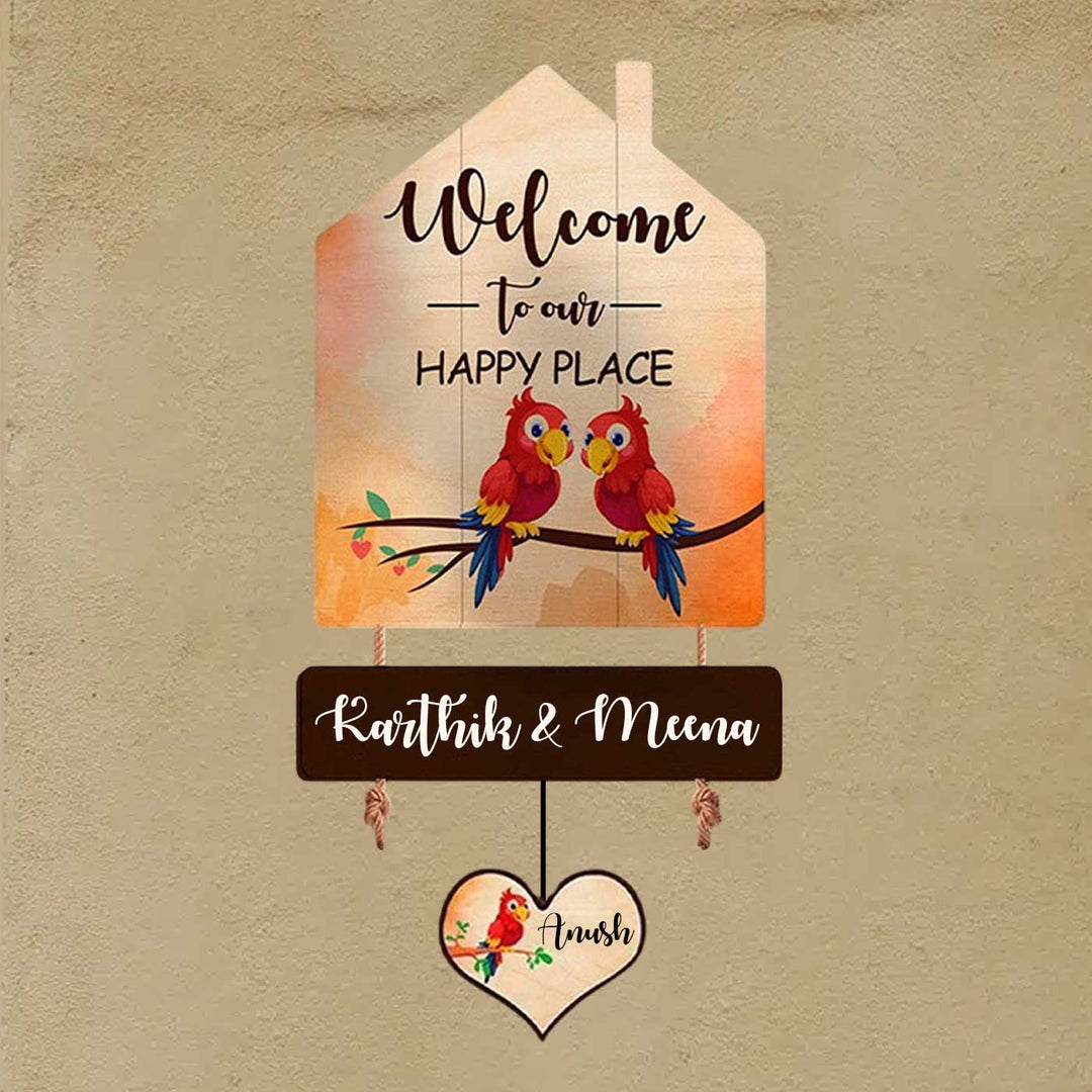 Printed Wooden House Shaped Parrot Nameplate For Couples - Mounted on Wall Hanging Display