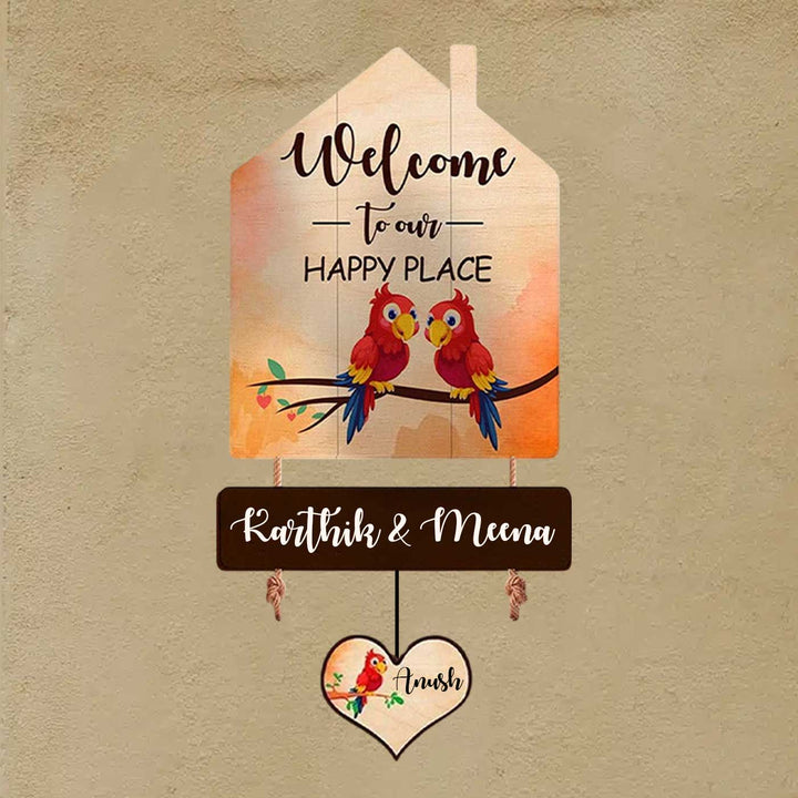 Printed Wooden House Shaped Parrot Nameplate For Couples - Mounted on Wall Hanging Display