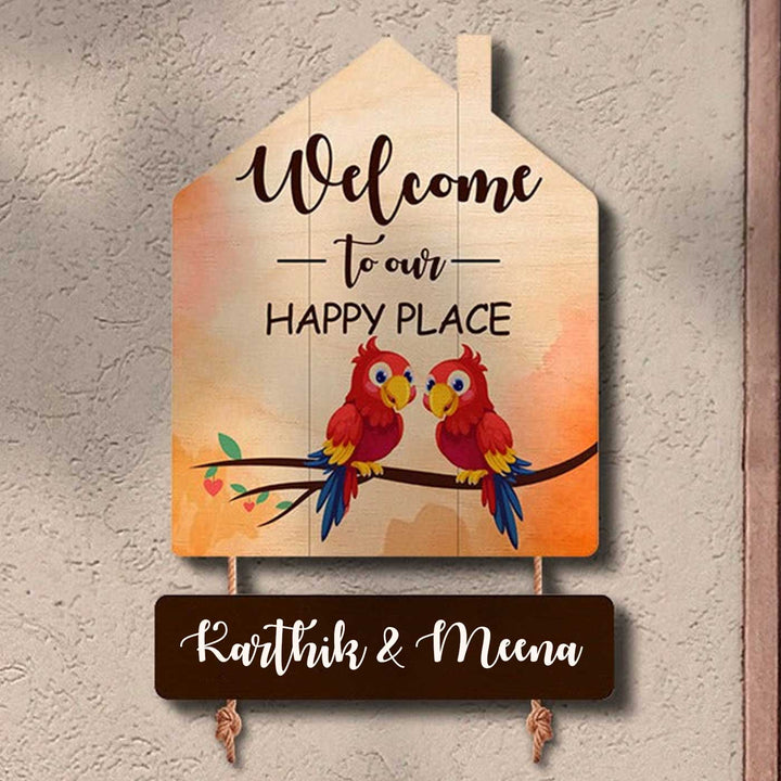 Printed Wooden House Shaped Parrot Nameplate For Couples - Mounted on Entryway Wall with Personalization