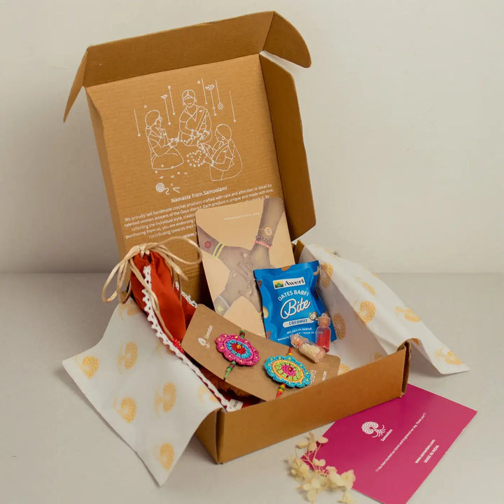 Handmade Crochet Multicolor Daisies Rakhi With Roli Chawal Set Of 6 - Open gift box with contents