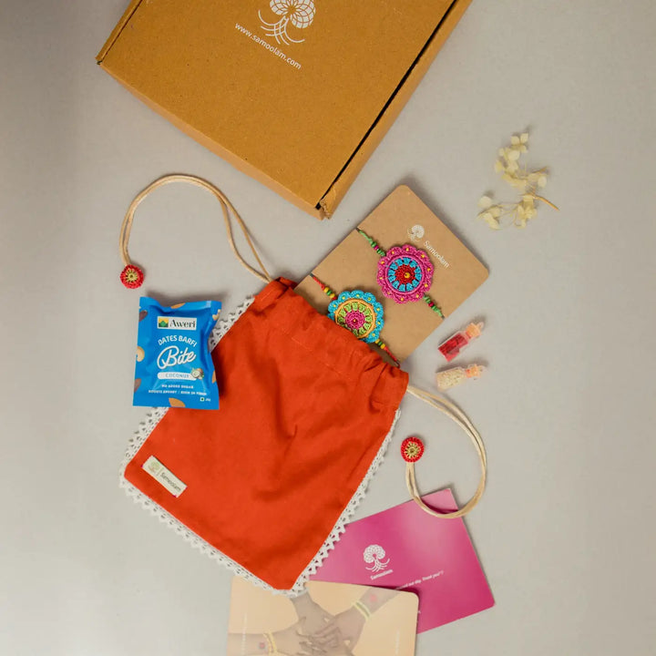 Handmade Crochet Multicolor Daisies Rakhi With Roli Chawal Set Of 6 - Gift set contents displayed