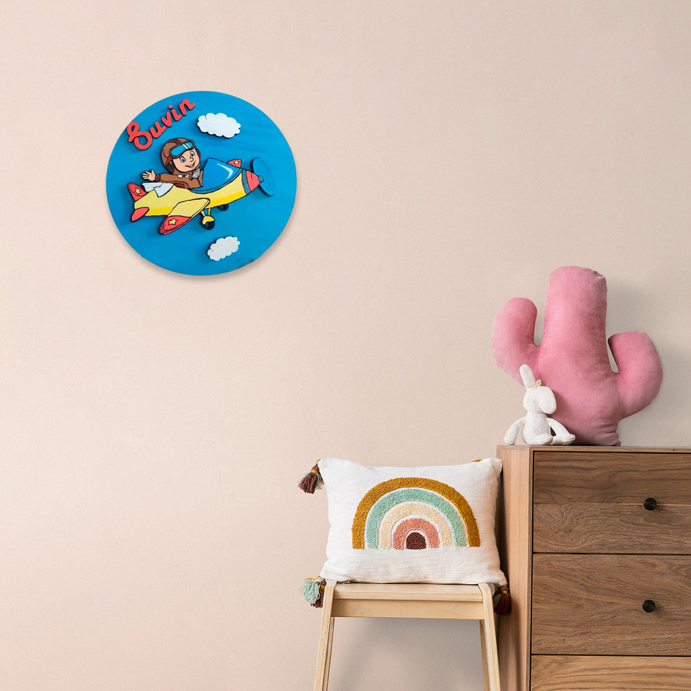 Pilot Theme Kids Name Plate - Mounted on Wall Above Chair and Drawer