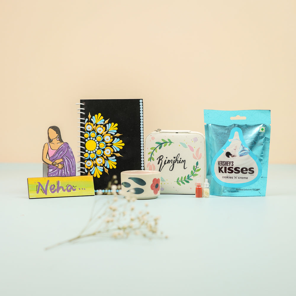 Personalized Handmade Gift Hamper For Sisters Includes 1 Jewellery Box 1 Diary 1 Mug 1 Fridge Magnet And 1 Chocolate - Multiple Products Alternative Front View