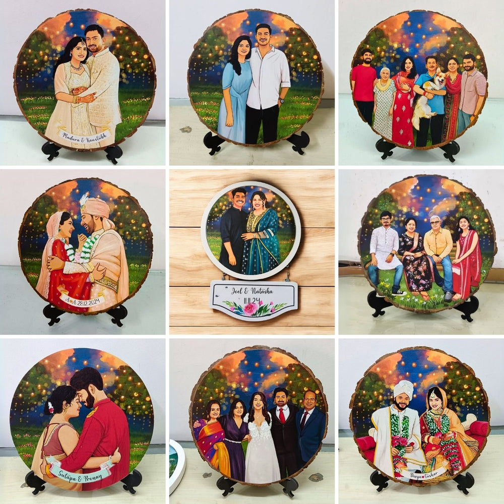 Photo Caricature Bark Nameplate With Stand For Wedding Couples 1 - Front View with Personalized Portrait