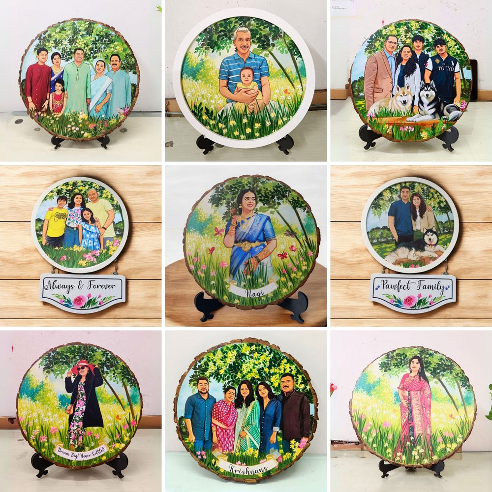 Photo Caricature Name Plate With Stand 2 - Framed Personalized Family Portraits Display