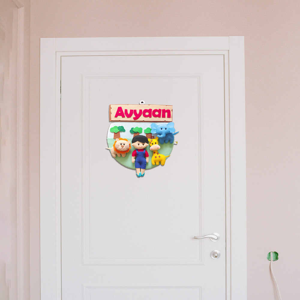 Hand Stitched Animal Themed Felt Kids Name Hanging - Hanging on Door Front View