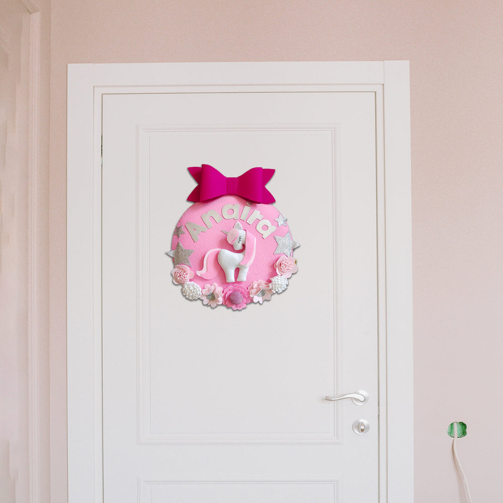 Hand Stitched Unicorn Themed Felt Kids Name Hanging - Mounted on Door Front View