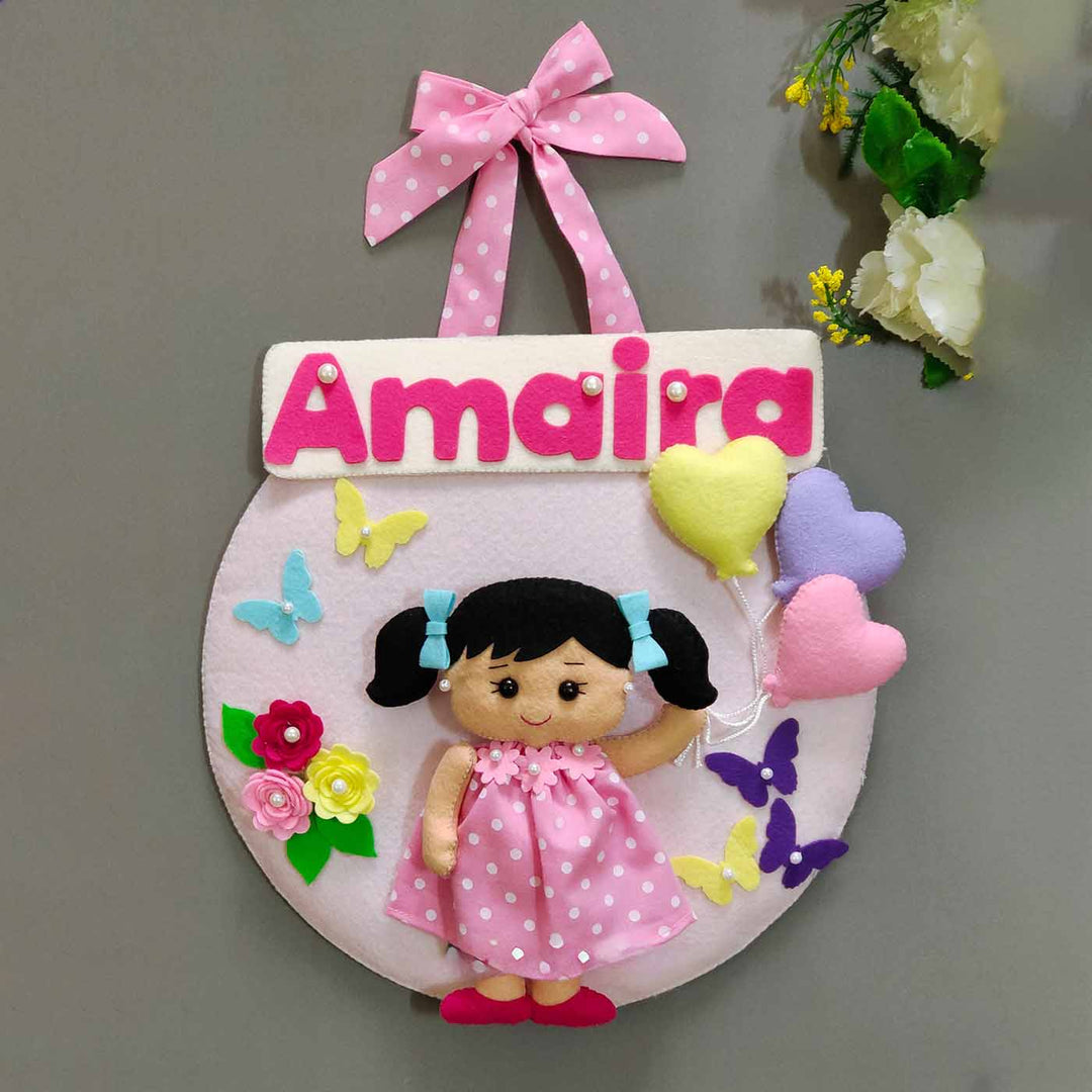 Hand Stitched Butterfly Balloon Themed Round Felt Kids Name Plate For Girls - Hanging Door Sign with Name Personalization