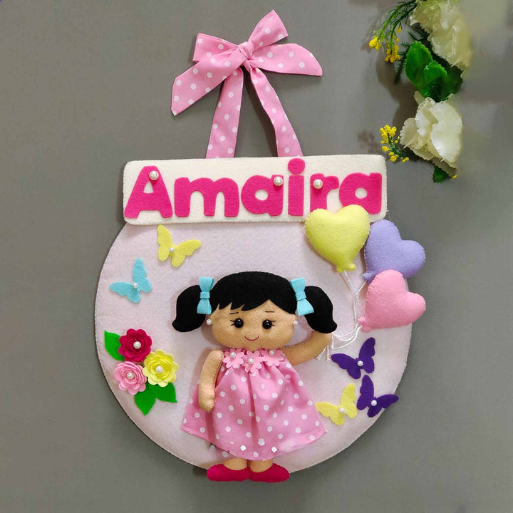 Hand Stitched Butterfly Balloon Themed Round Felt Kids Name Plate For Girls - Hanging Door Sign with Name Personalization