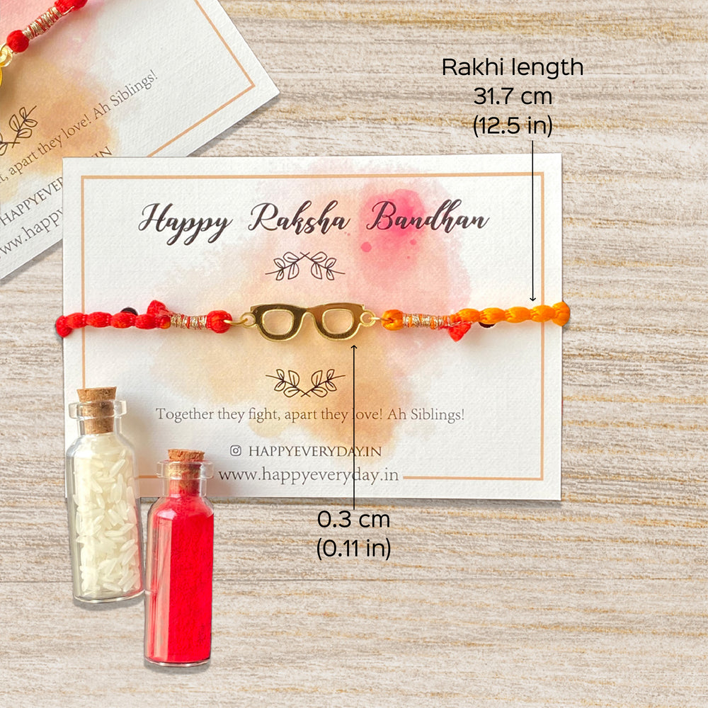 Handcrafted Golden Acrylic Rakhi With Roli Chawal 8 - Dimensions with packaging card