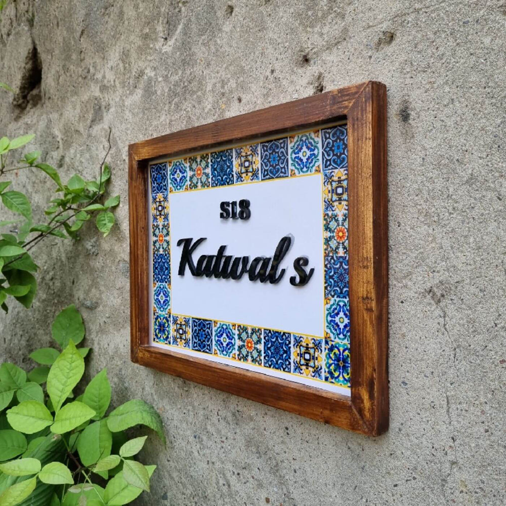 Personalized Moroccan Tile Printed Name Plate With 3D Letters - Angled Wall-Mounted View