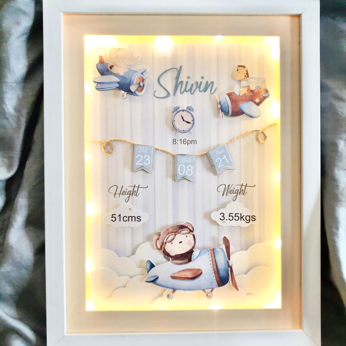 Personalized Kids Shadow Box Frame with Lights Airplane