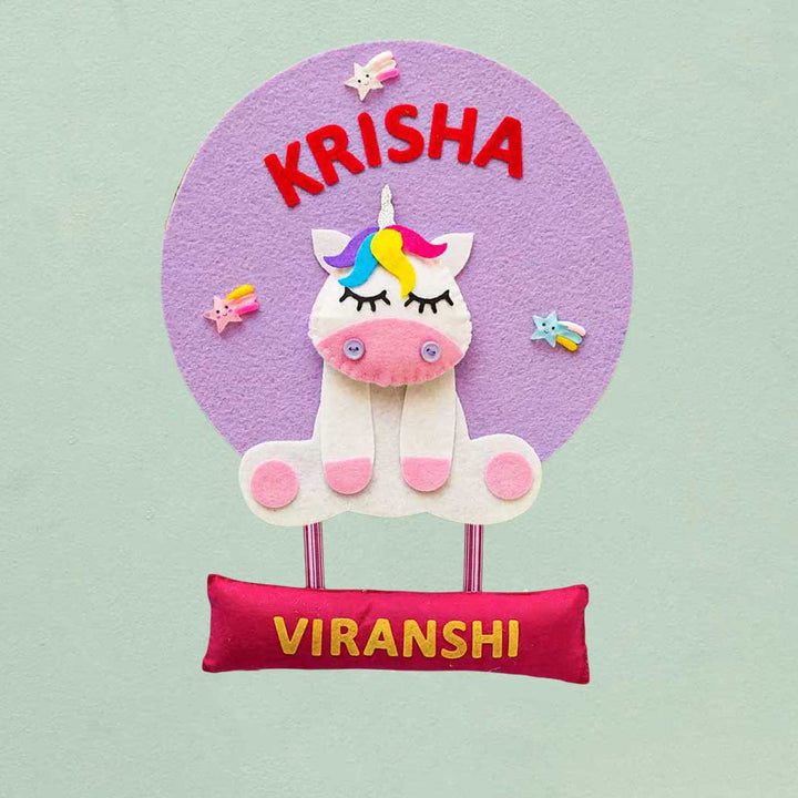 Personalized Handmade Unicorn Theme Felt Hoop Name Plate - Front View with Name Personalization