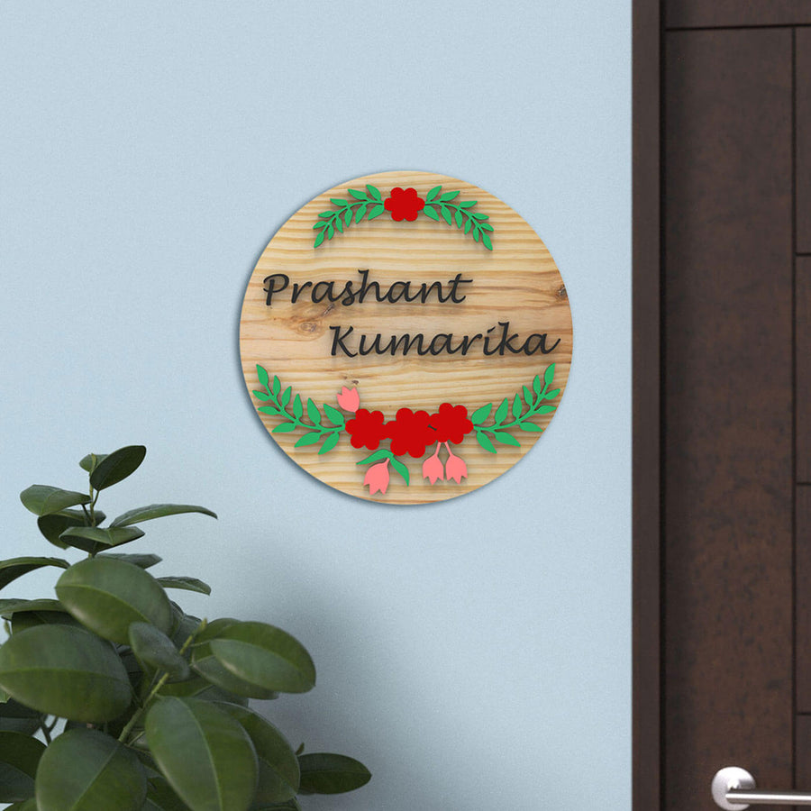 Handcrafted Circular Name Plate Natural Wood - Mounted on Wall Near Door