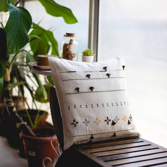 Buy Hand-embroidered Natural and Brown Cushion Cover 40 x 40 cm
