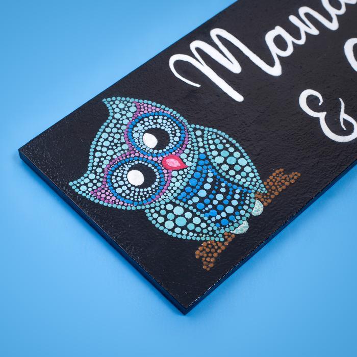 Handpainted Rectangular Owl Dot Art Nameplate for Kids