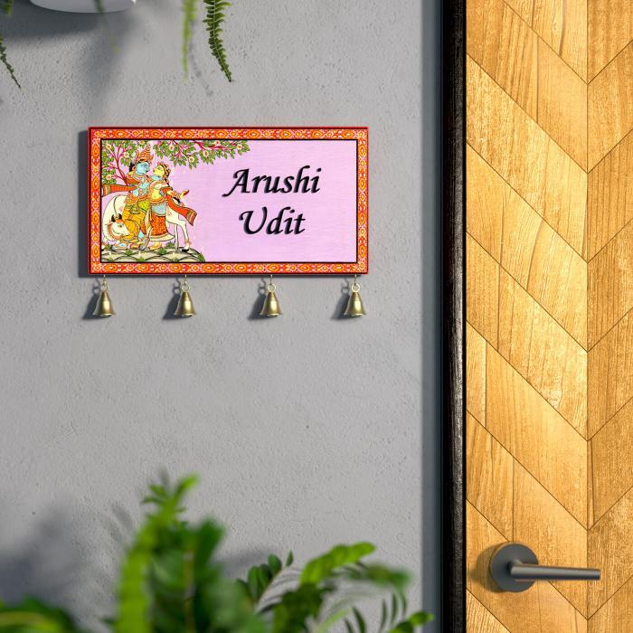 Pattachitra Hand Painted Couple Name Board With Bells Radhe Krishna - Front View Mounted on Wall