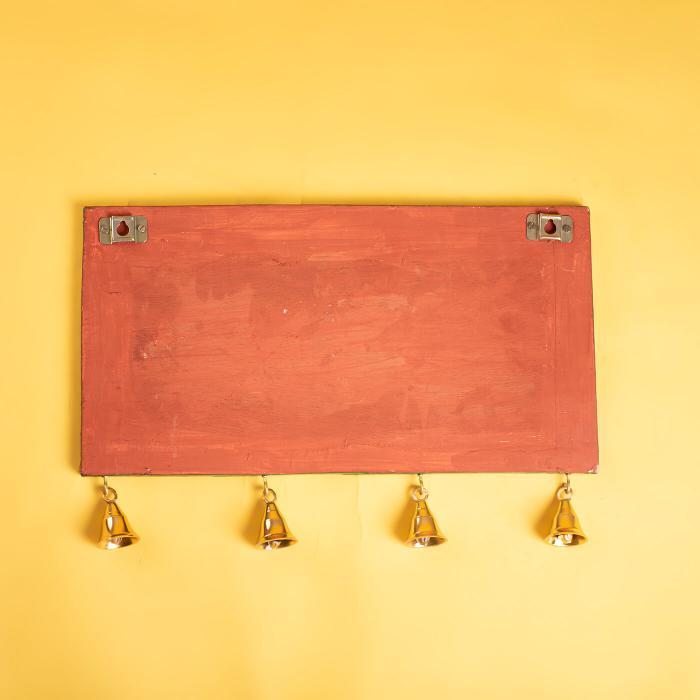 Pattachitra Hand Painted Couple Name Board With Bells Radhe Krishna - Back View with Hanging Hooks