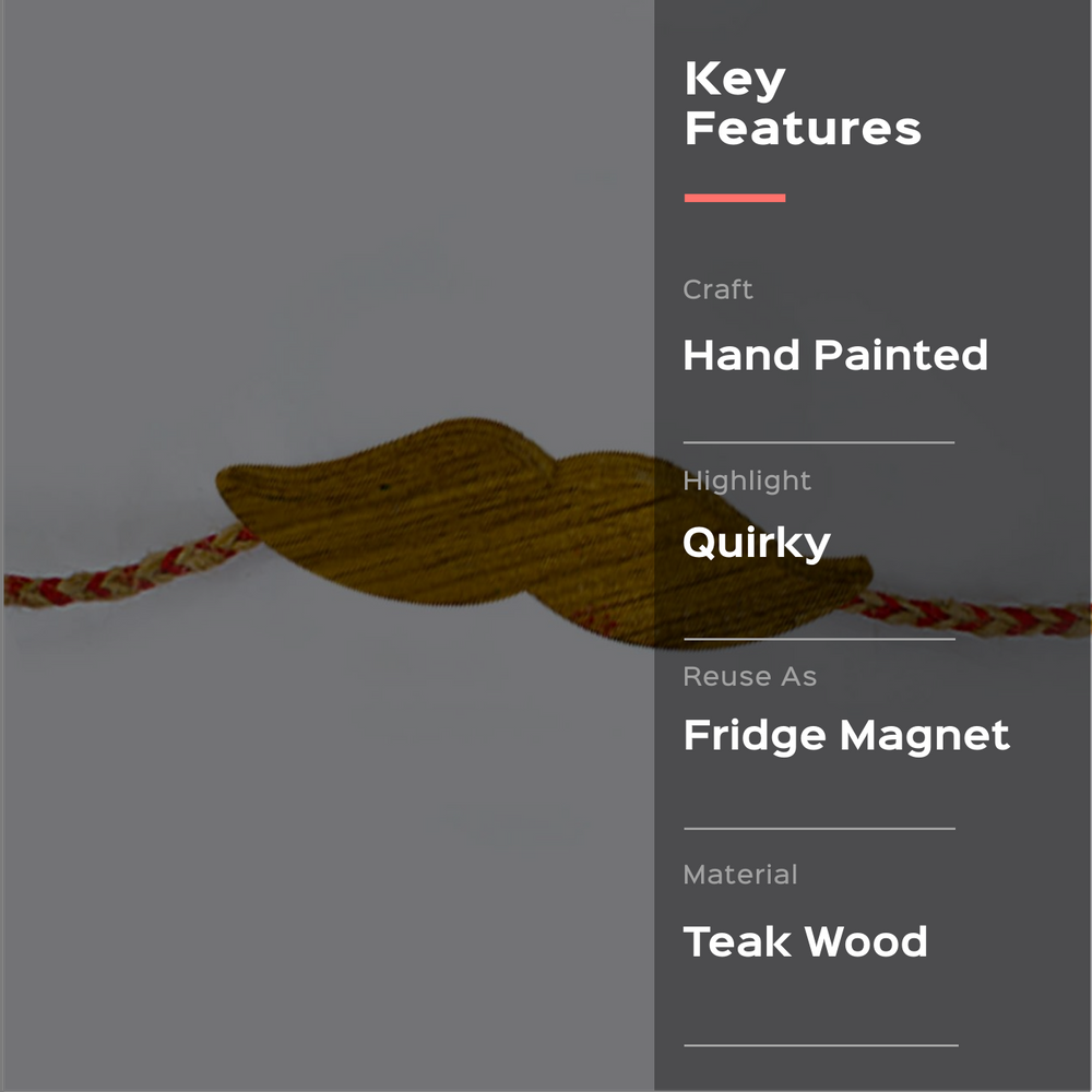 Handpainted Wooden Rakhi Mustache - Feature Text Overlay
