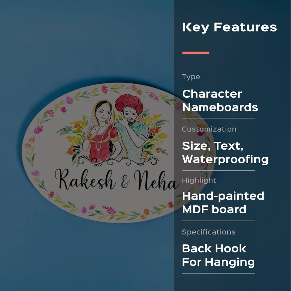 Oval Hand Painted Character Name Plate Rajasthani Couple - Front View with Text and Illustration