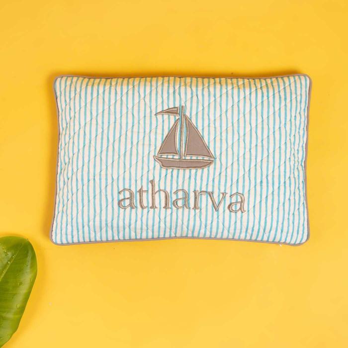 Personalized Uneven Blue Stripes with Boat Motif Pillow Cover