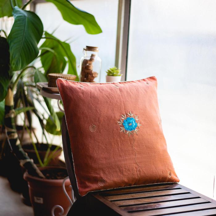 Hand-embroidered Red Kota Festive with Blue Floral Cushion Cover - 40 x 40 cm