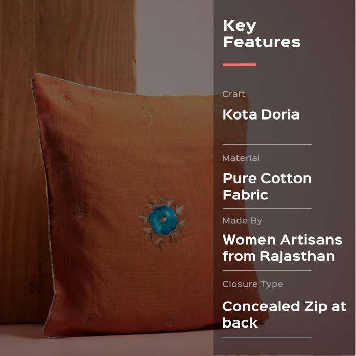 Hand-embroidered Red Kota Festive with Blue Floral Cushion Cover - 40 x 40 cm