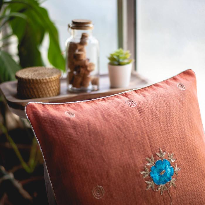 Hand-embroidered Red Kota Festive with Blue Floral Cushion Cover - 40 x 40 cm