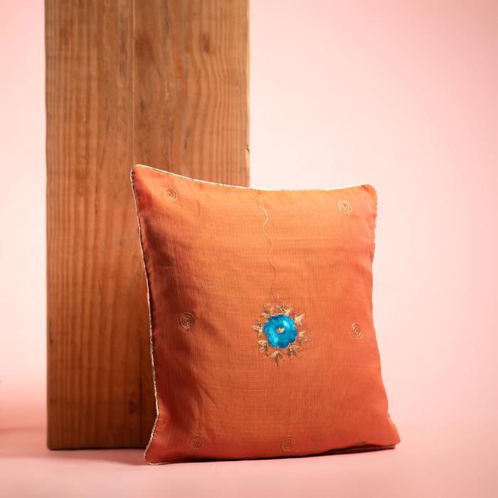 Hand-embroidered Red Kota Festive with Blue Floral Cushion Cover - 40 x 40 cm