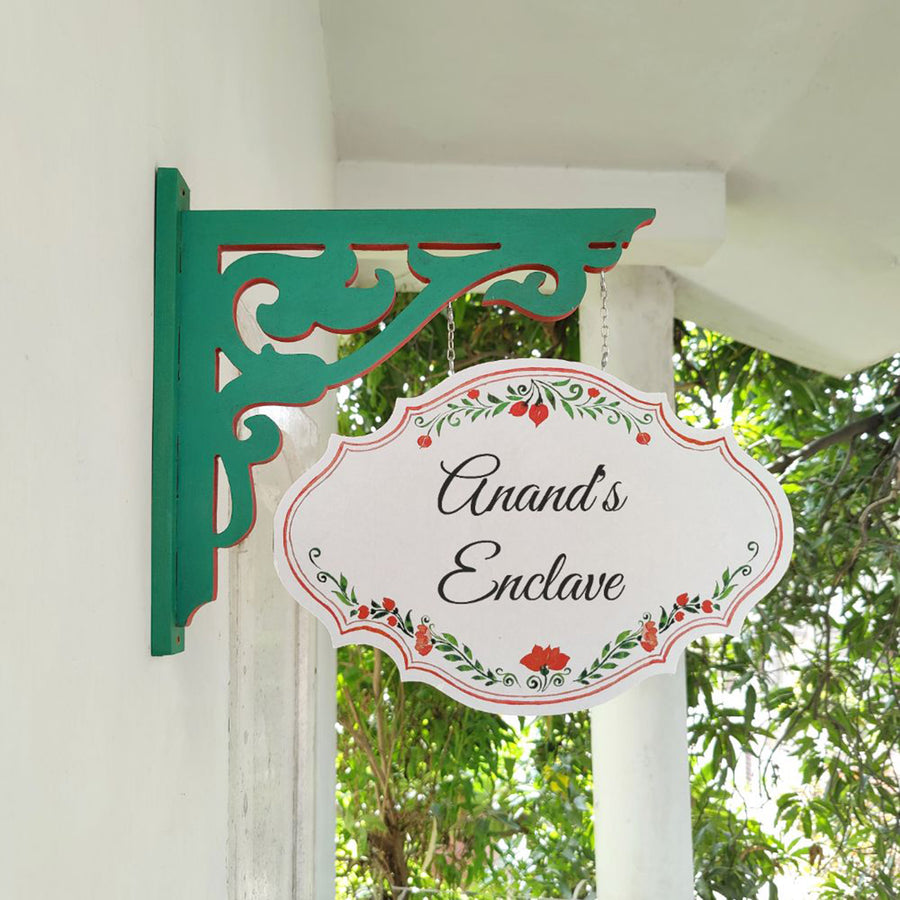 Hand Painted Victorian Oval Cut Hanging Name Plate 3 - Side View Hanging from Bracket