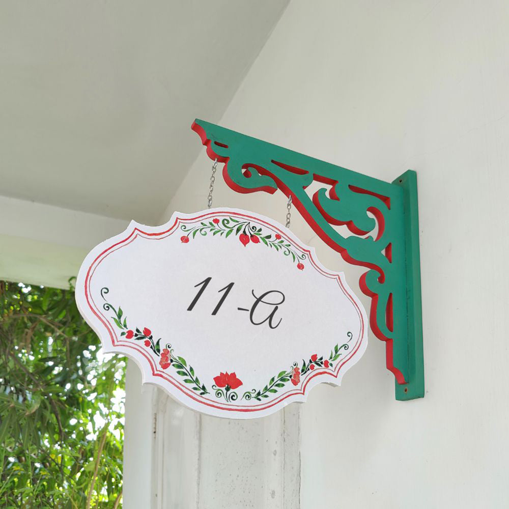 Hand Painted Victorian Oval Cut Hanging Name Plate 3 - Hanging from Decorative Wall Bracket