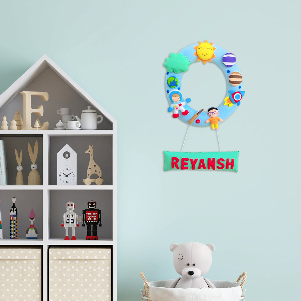 Handmade Personalized Astronaut Themed Felt Kids Name Hanging - Mounted on Wall with Name Personalization