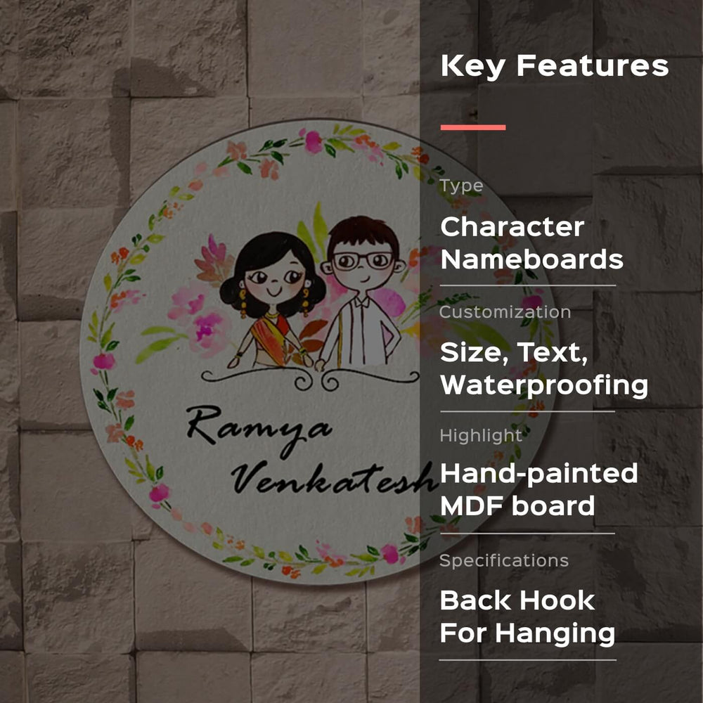 Round Hand Painted Character Name Plate Tamilian Couple - Mounted on Stone Wall Background