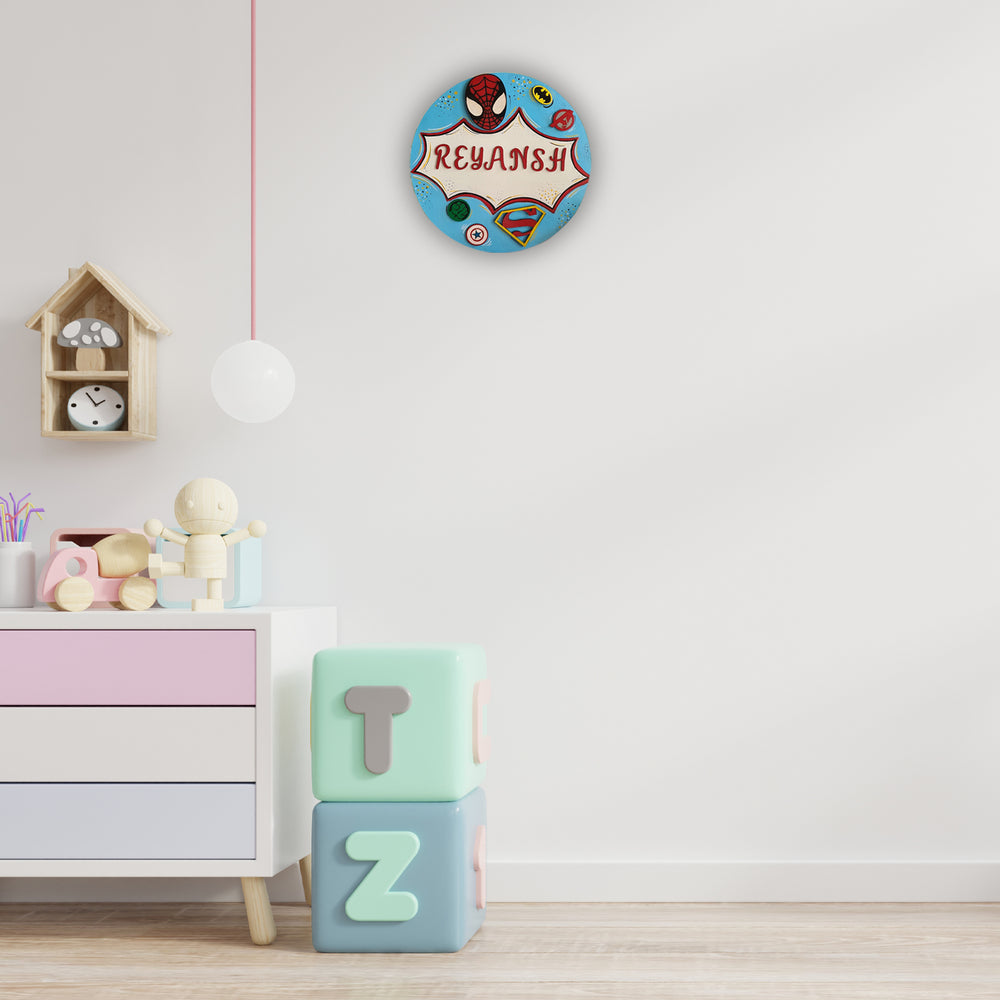 Super Heros Themed Kids Name Plate - Mounted on Wall in Room Setting