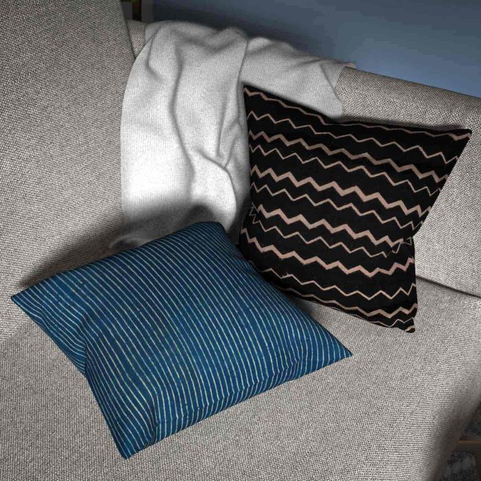 Set of 2 Cushion Covers - Indigo Striped & Black Lehariya