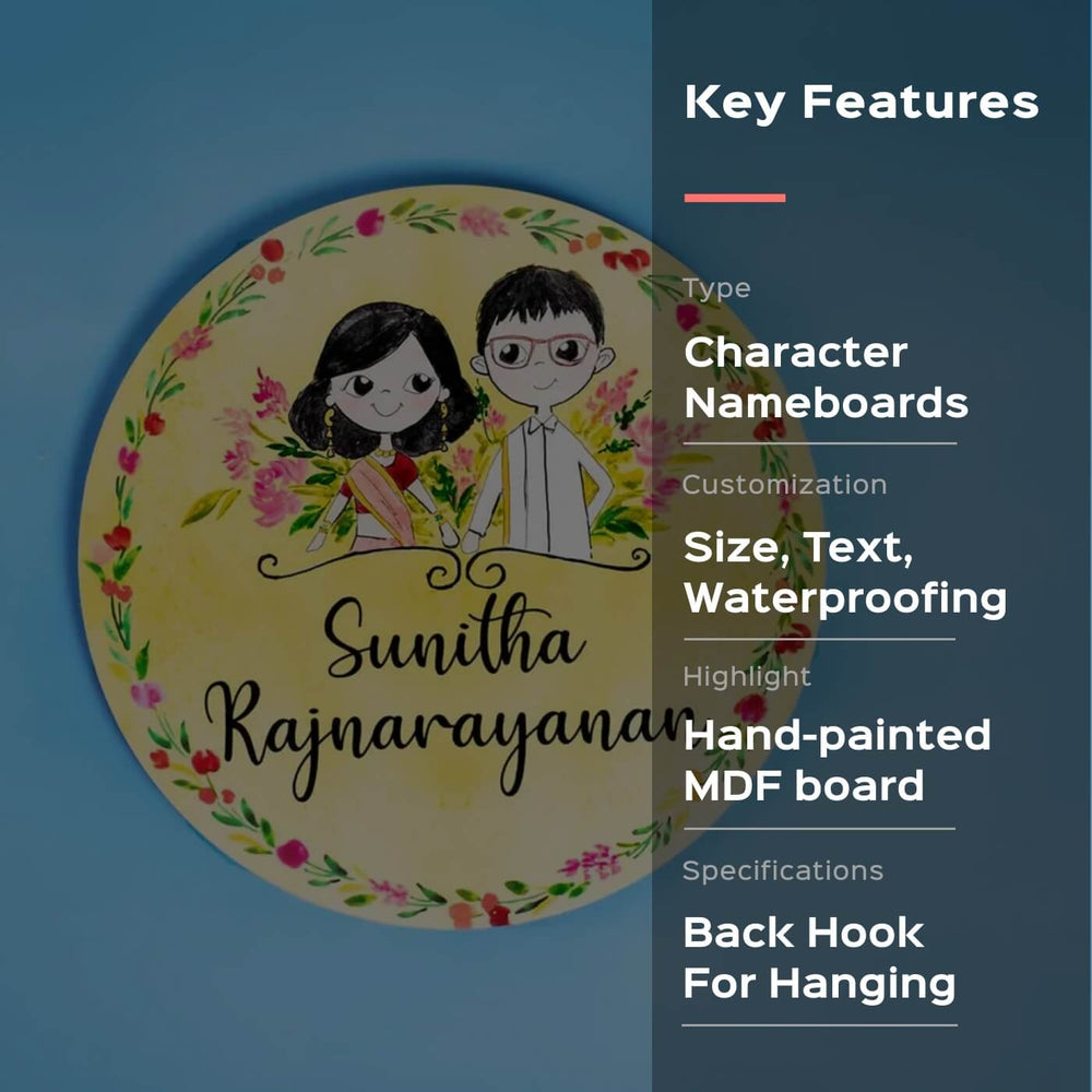 Round Hand Painted Character Name Plate South Indian Couple 2 - Front View Showing Personalization