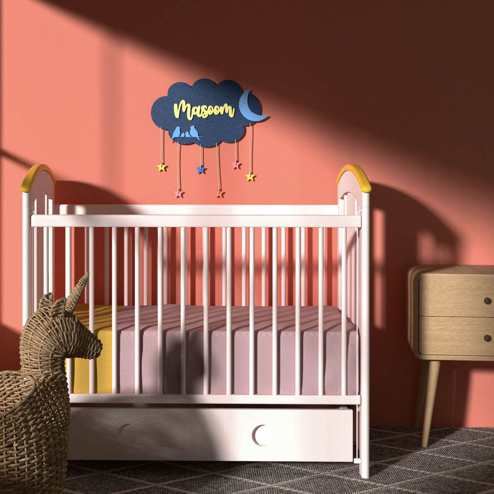 Cloud Name Plate Navy Blue Multicolour Stars - Mounted Above Baby Crib Display