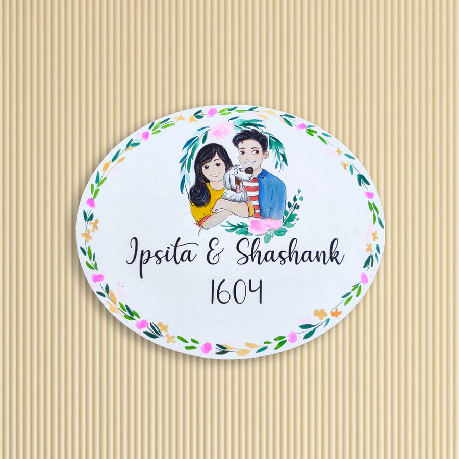 Oval Hand Painted Character Name Plate With Pets 1 - Front View on Wall Background