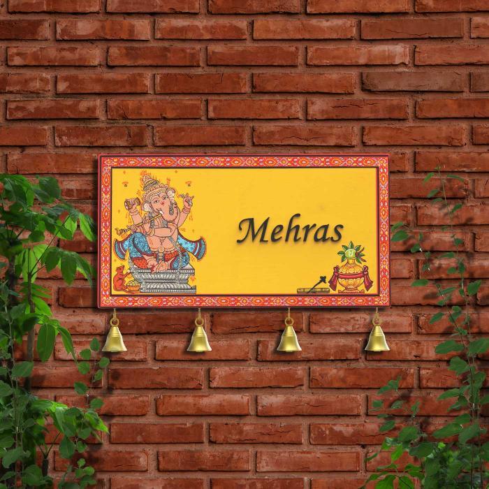 Family Pattachitra Board With Bells Ganesha - Mounted on Brick Wall with Personalization