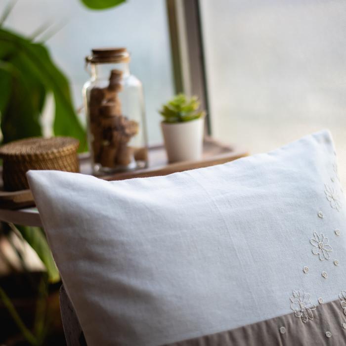 Hand-embroidered Grey and White Dual Colour Cushion Cover - 40 x 40 cm
