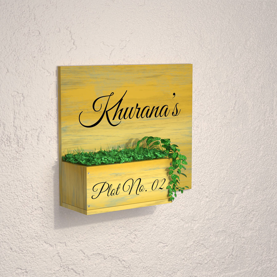Half Planter Name Plate Yellow Distressed Wood - Mounted on Wall Side Angle