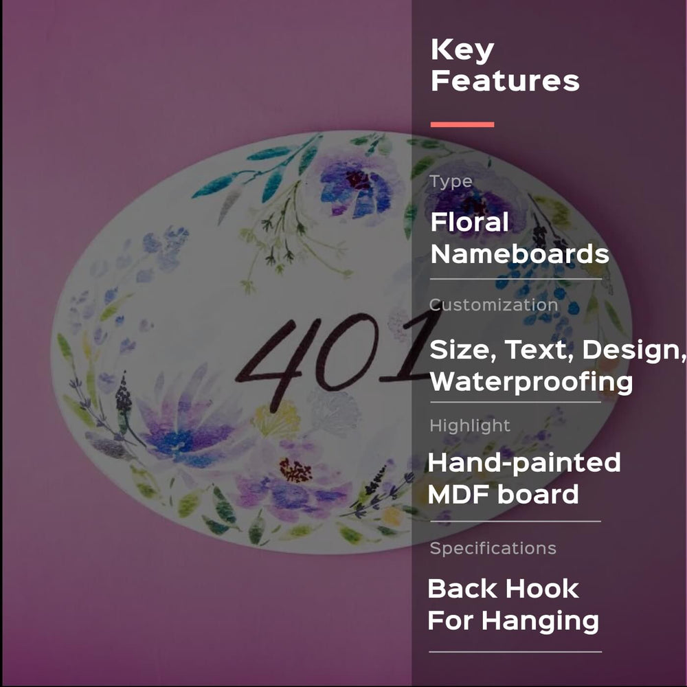 Oval Hand Painted Name Plate 23 - Front View with Floral Design