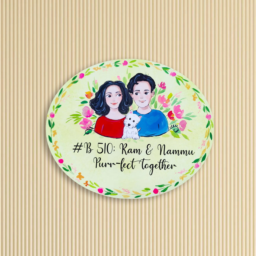 Oval Hand Painted Character Name Plate With Pets 2 - Front View with Personalized Illustration