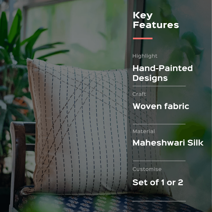 Maheshwari Silk Cushion Cover (12 X 12 inches) - White with Katha Lines